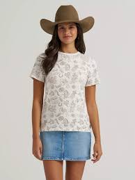 Wrangler Women's Cream All Over Rodeo Icon Graphic Print Slim Fit Short Sleeve Tee Shirt
