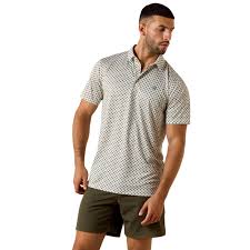 ARIAT MEN'S All Over Print Fitted Polo-PRISTINE WHITE GEO STRIPE