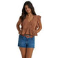 Wrangler Ladies Retro Vintage Flutter Sleeve Brown Blouse 112380602
