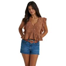 Wrangler Ladies Retro Vintage Flutter Sleeve Brown Blouse 112380602