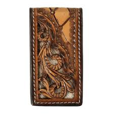 3D Leather Money Clip Magnetic Scrolling Filligree Tan