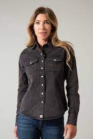 KIMES RANCH WOMENS KAYCEE DENIM PEARL SNAP OD BLACK DENIM