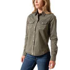 KIMES RANCH WOMENS KAYCEE DENIM PEARL SNAP OD ARMY