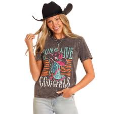 Rock & Roll Denim Ladies Long Live Cowgirls Black T-Shirt
