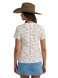 Wrangler Women's Cream All Over Rodeo Icon Graphic Print Slim Fit Short Sleeve Tee Shirt