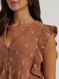 Wrangler Ladies Retro Vintage Flutter Sleeve Brown Blouse 112380602