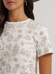 Wrangler Women's Cream All Over Rodeo Icon Graphic Print Slim Fit Short Sleeve Tee Shirt