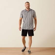 ARIAT MEN'S All Over Print Fitted Polo-PRISTINE WHITE GEO STRIPE