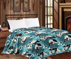 TURQUOISE COW PRINT KING SIZE PLUSH BLANKET (TAN/TURQ/CREAM)