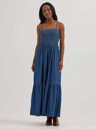 WRANGLER Smocked Bodice Denim Maxi Dress