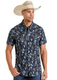 Rock & Roll Mens TEK Western Skull Short Sleeve Shirt