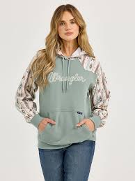 Wrangler Women's  Logo Southwestern Yoke Pullover Hoodie Green