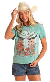 Rock & Roll Womens Longhorn Teal Graphic Tee BW21T05928