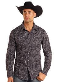 ROCK & ROLL MENS Slim Fit Black Paisley Print Long Sleeve Snap Shirt