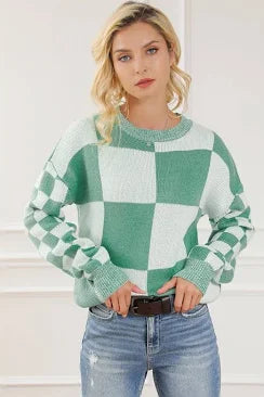 CANDI CHECKERED SWEATER DUSTY JADE
