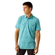 Ariat Men's Light Blue Southwest Print Retro Western Short Sleeve Snap Polo Shirt