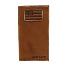 Ariat Men’s Brown Flag Patch Checkbook Leather Rodeo Wallet