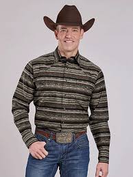 Roper Mens Long Sleeve Horizontal Print Pearl Snap Shirt Brown