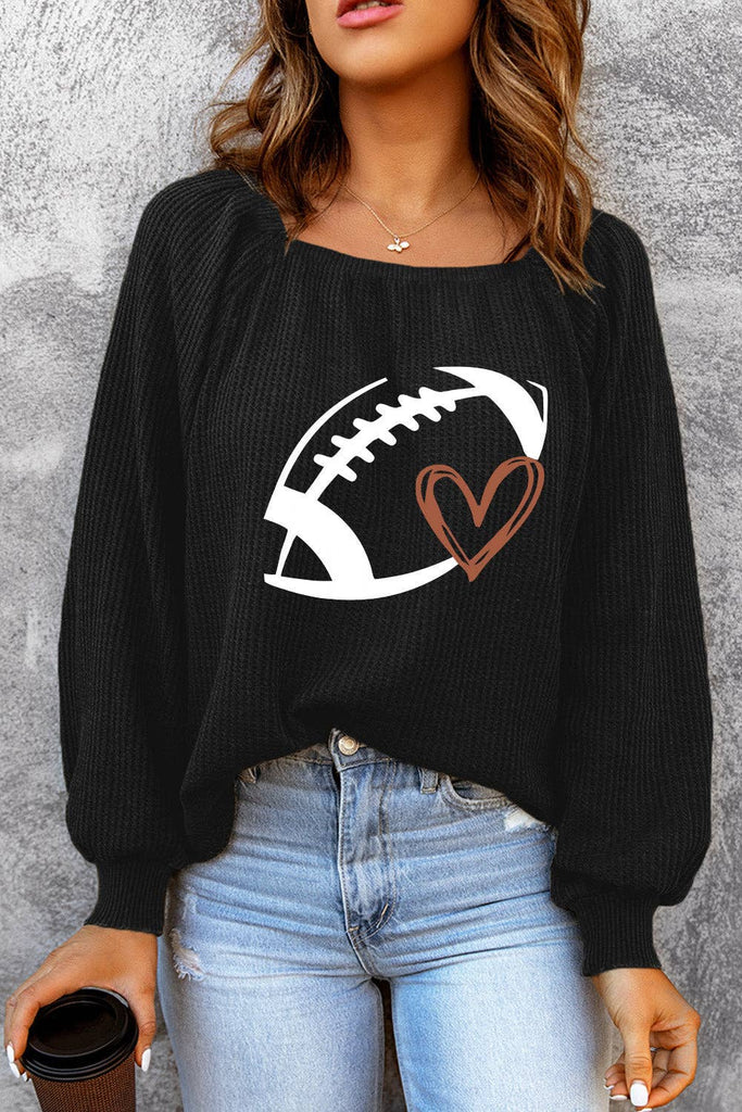 Rugby Print Square Neck Puff Sleeve Waffle Top: Black / 95%Polyester+5%Elastane / S