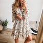 Leopard Print Buttoned Front 3/4 Sleeve Tiered Ruffled Hem Dress: Khaki / 100%Polyester / S