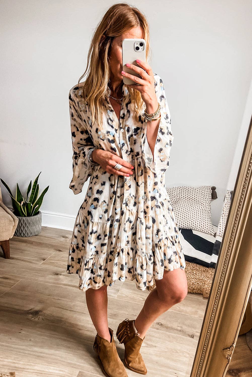 Leopard Print Buttoned Front 3/4 Sleeve Tiered Ruffled Hem Dress: Khaki / 100%Polyester / S