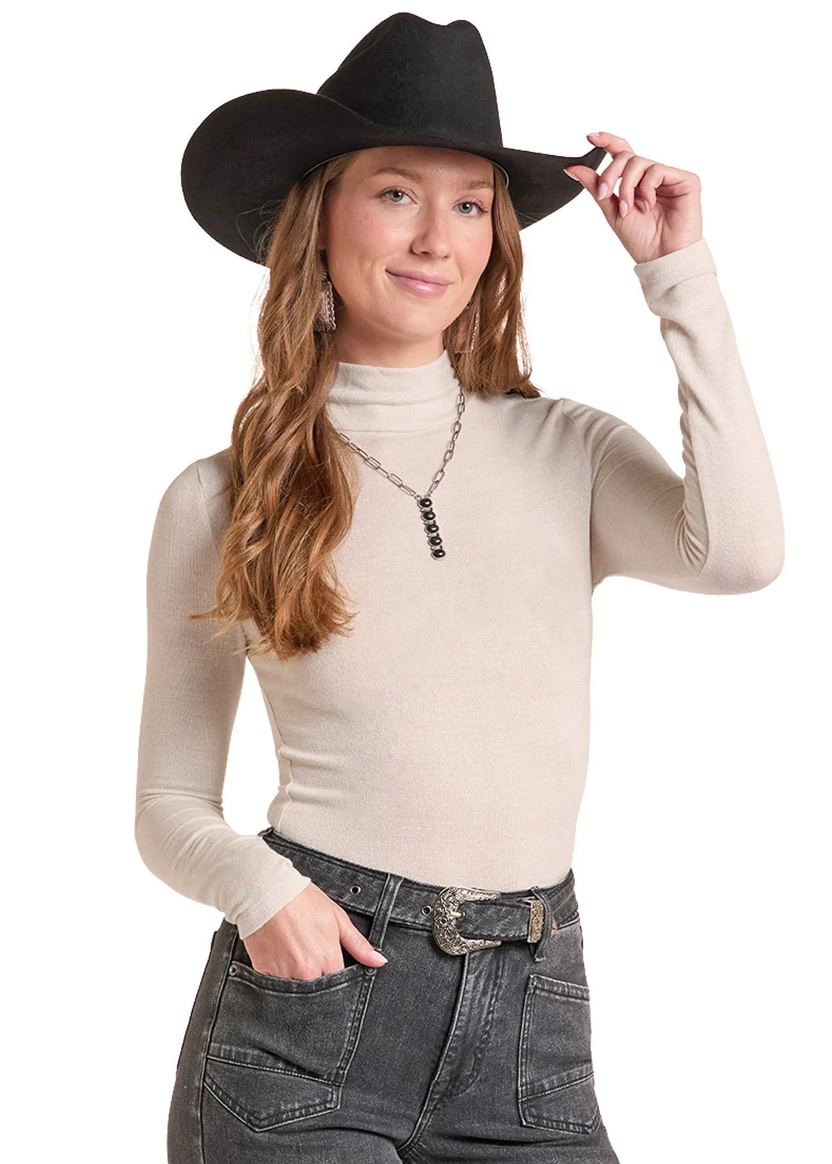 ROCK & ROLL Cream Lurex Turtleneck Top BW22T09407