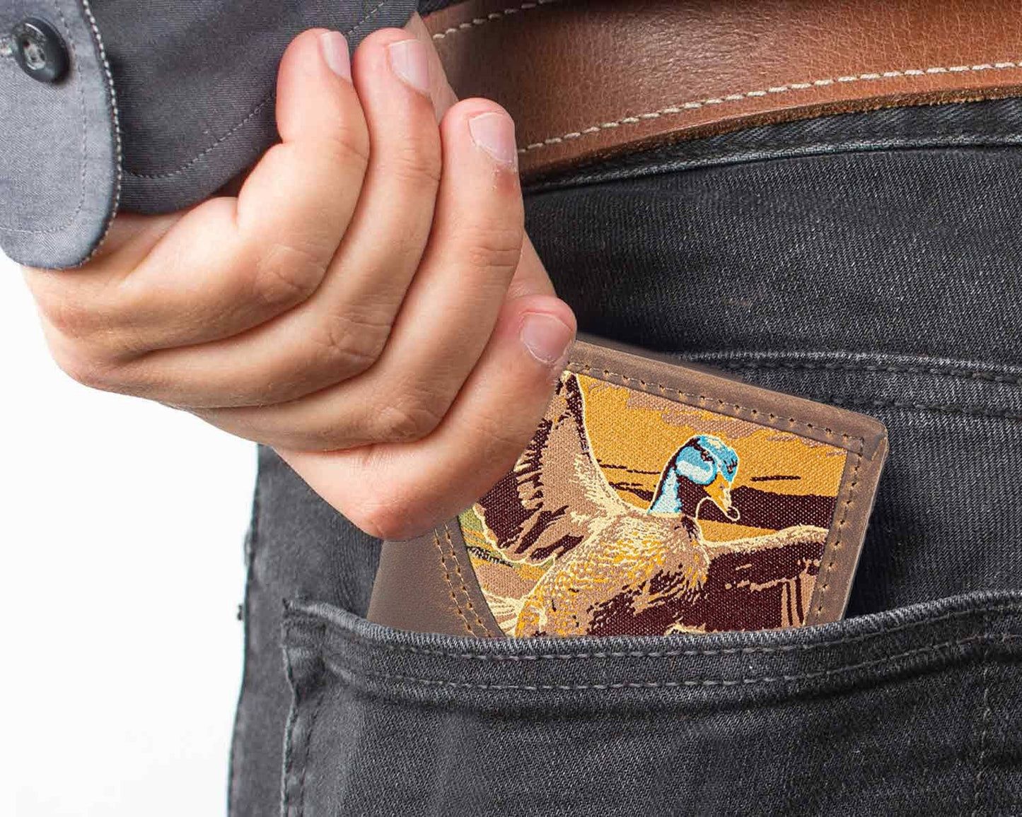 Mallard Men's Trifold Woven Patch Leather Wallet.