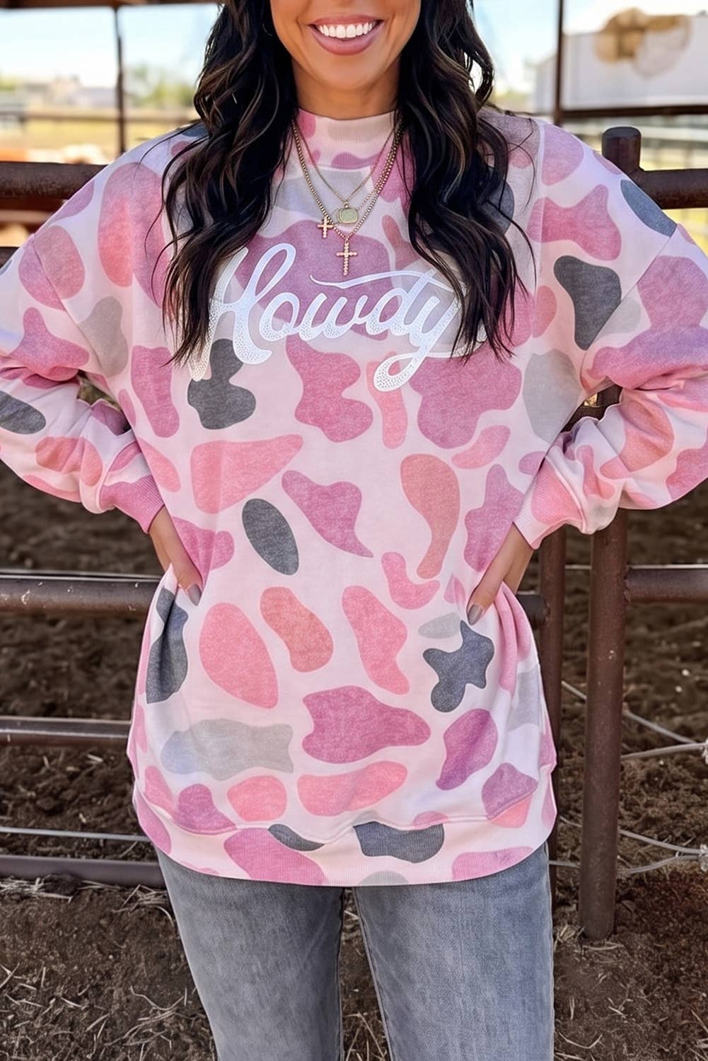 Camo Howdy Western Baggy Pullover Mock Neck Sweatshirt : Multicolour / S