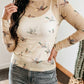 Western Mock Neck Print Mesh Sheer Long Sleeve Top(S-4X): Beige / S