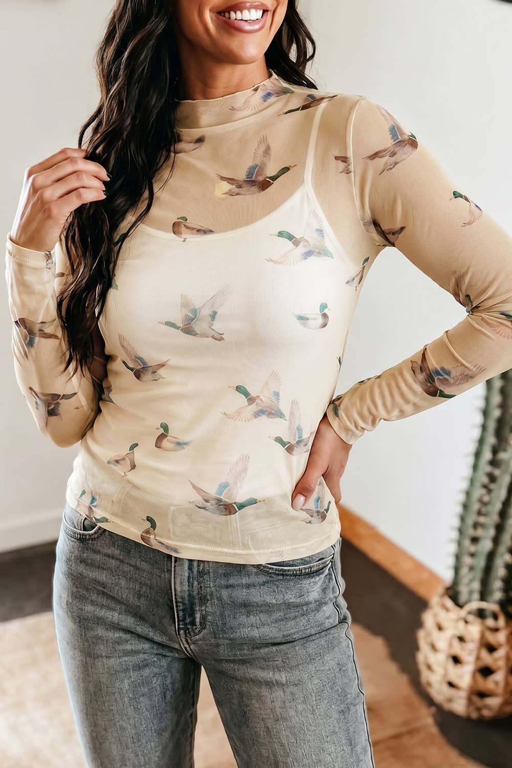 Western Mock Neck Print Mesh Sheer Long Sleeve Top(S-4X): Beige / S