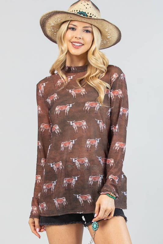 SIMONE LONGHORN PRINT SEMI SHEER MESH TOP