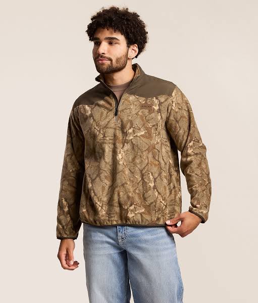 ARIAT Basis Camo Quarter Zip Fleece Pullover-SAVANNAH TAN CAMO