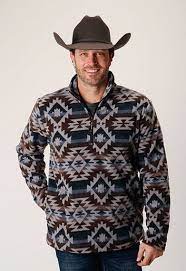 ROPER MENS AZTEC FLEECE 1/4 ZIP PULLOVER BLUE