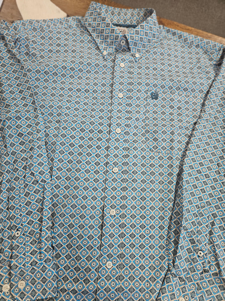 CINCH MENS GEOMETRIC BLUE LS BUTTON UP