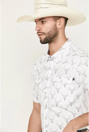Rock & Roll Men's White Longhorn Short Sleeve TEK Snap Down BMN3S05964