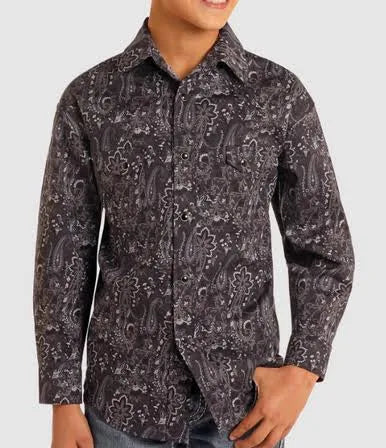 ROCK & ROLL Boys' Black Paisley Print Long Sleeve Snap Shirt