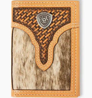 Ariat Mens Calf Hair Basket Weave Trifold Wallet Natural A3561748