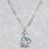 Antique Silver “Howdy” Pendant Necklace with Stone Accents