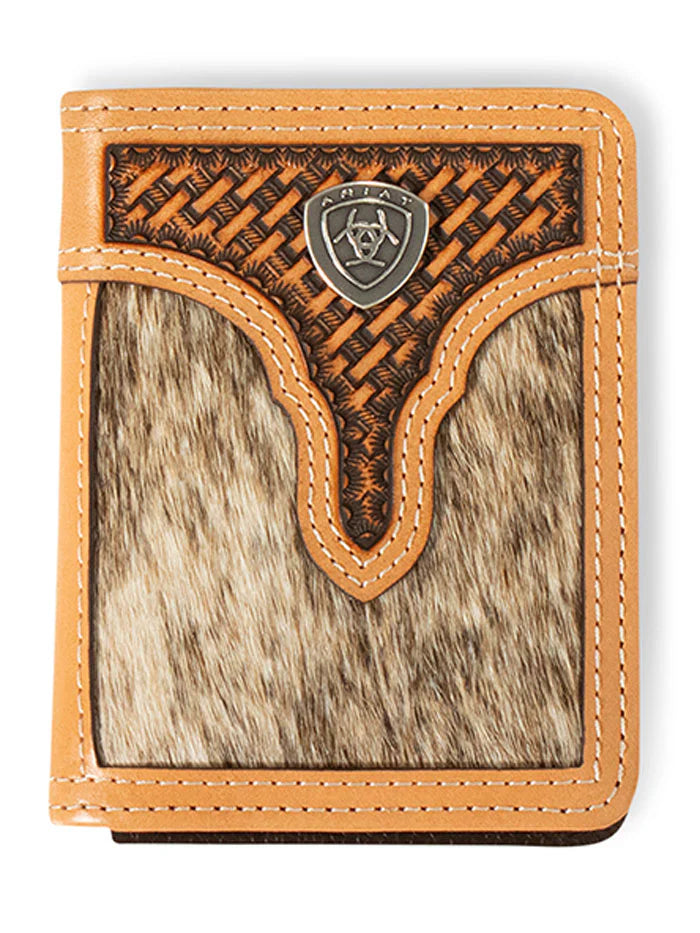 Ariat Mens Calf Hair Basket Weave Bifold Wallet Natural
