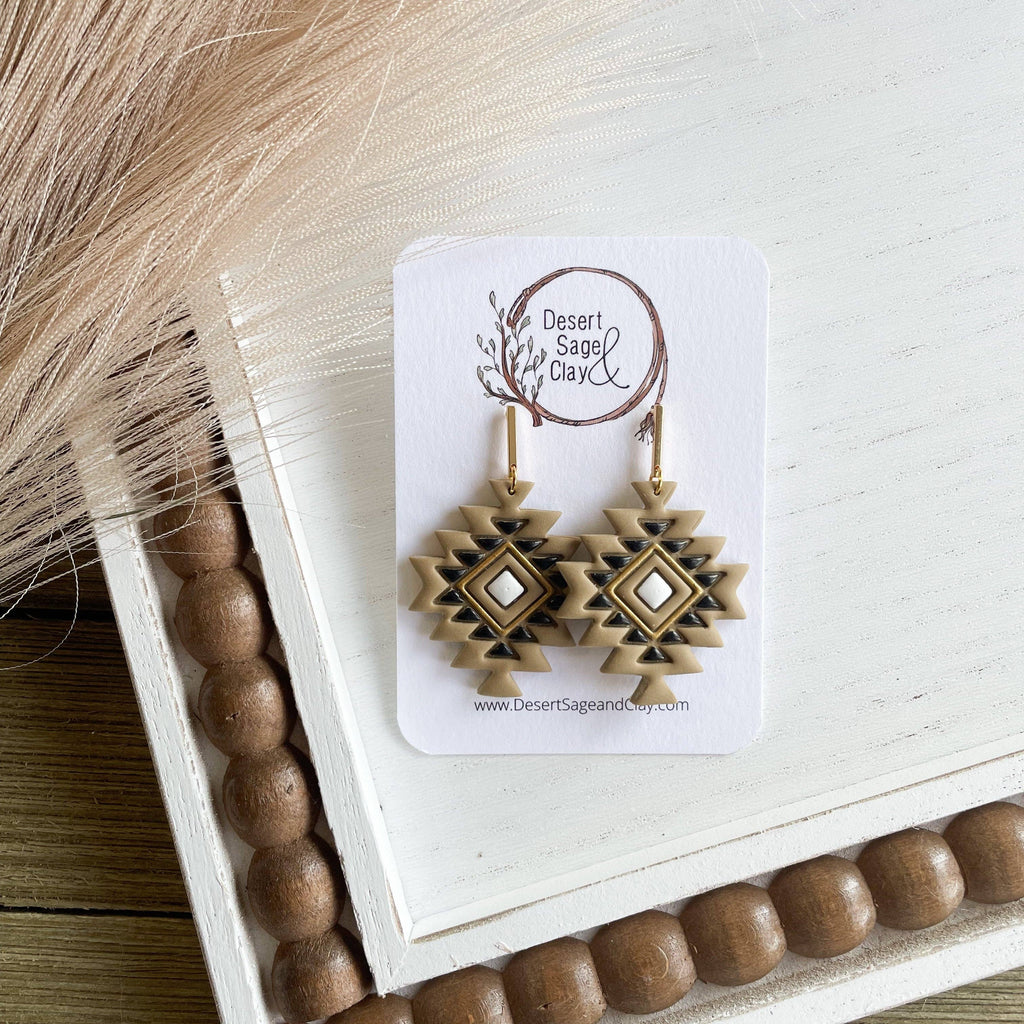 Western Clay Earring Hand Painted Aztec Dangle (Beige)