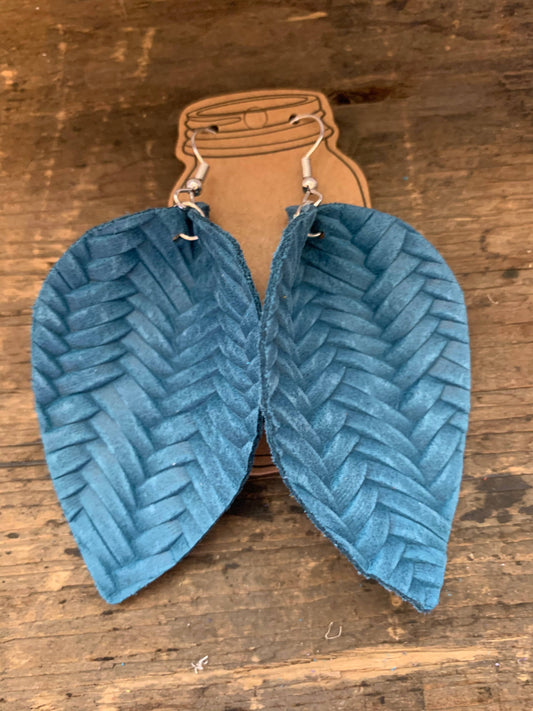 Dark Teal Braided Textured Leather Earring (LARGE)