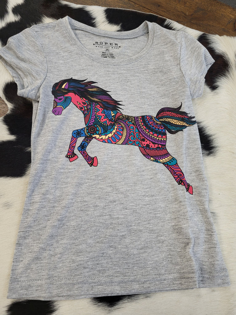 ROPER GIRLS HORSE SS SHIRT (GREY)