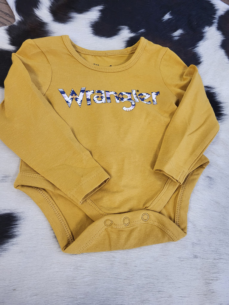 WRANGLER BABY GIRL MUSTARD AZTEC LOGO LS ONESIE