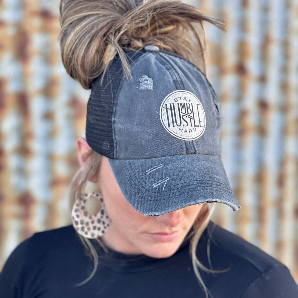 Stay Humble/Hustle Hard Black Distressed Womens Baseball Cap