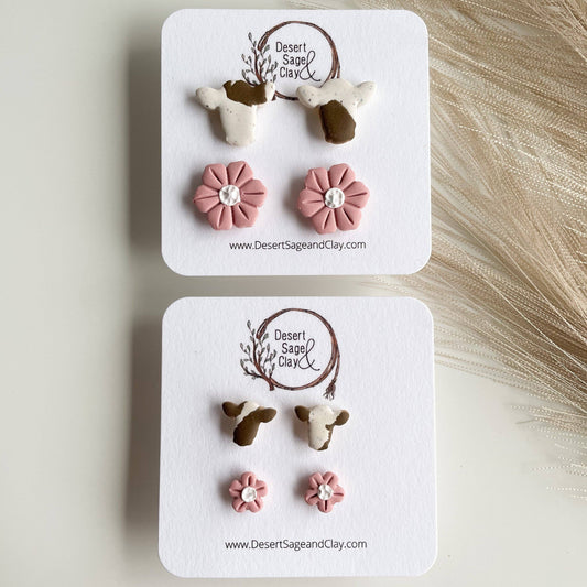 Clay Earring Western Boho Cow Studs in Brown