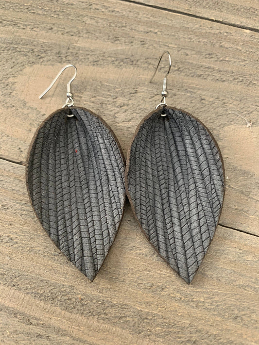 Grey Palm Leaf Textured Leather Earring (LARGE)