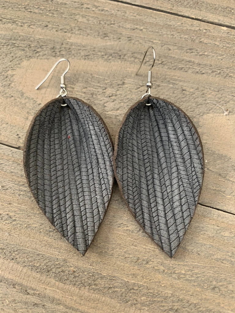 Grey Palm Leaf Textured Leather Earring (SMALL)