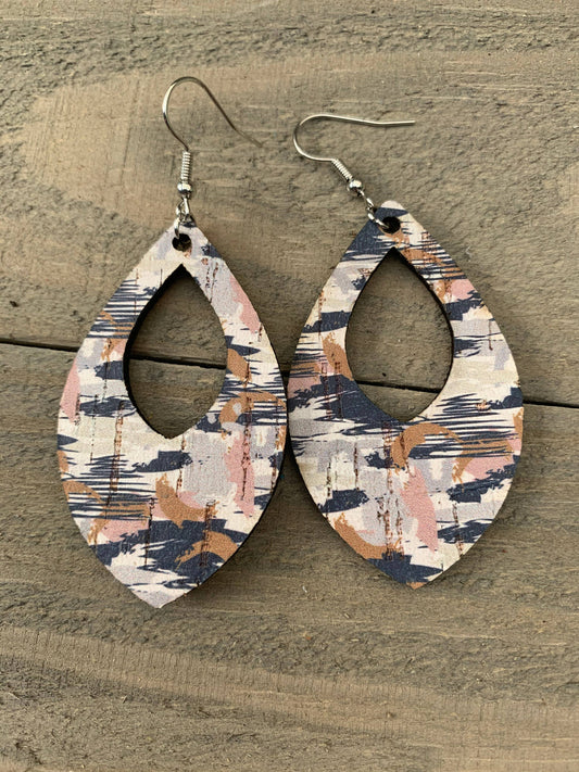 Rust and Blue Camo Cork and Leather Teardrop Earrings (Copy)