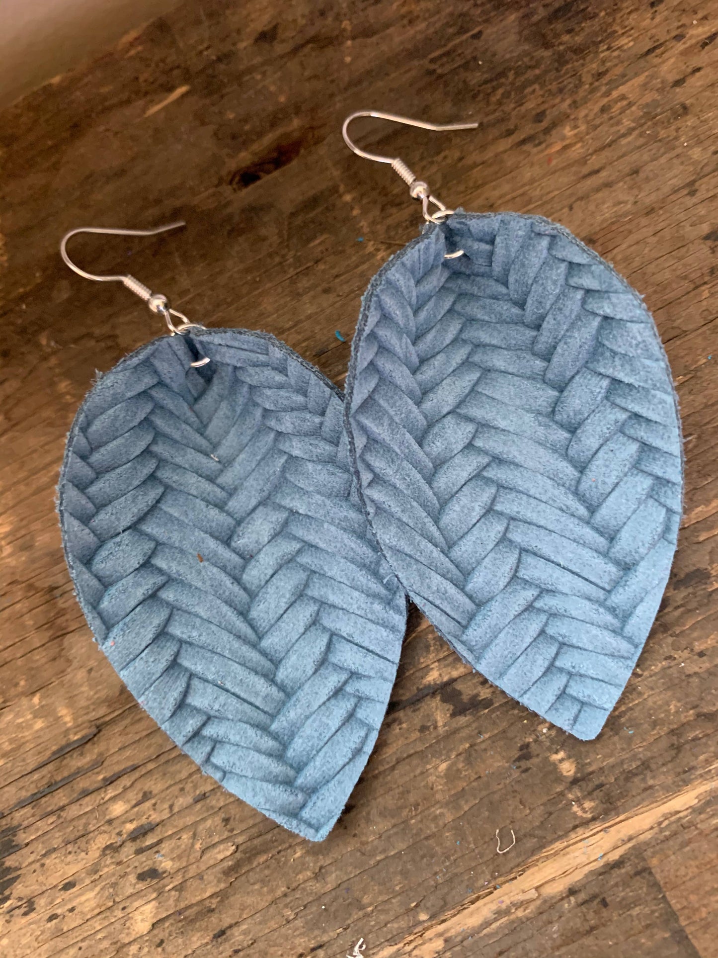 Denim Blue Braided Textured Leather Earring (LARGE)