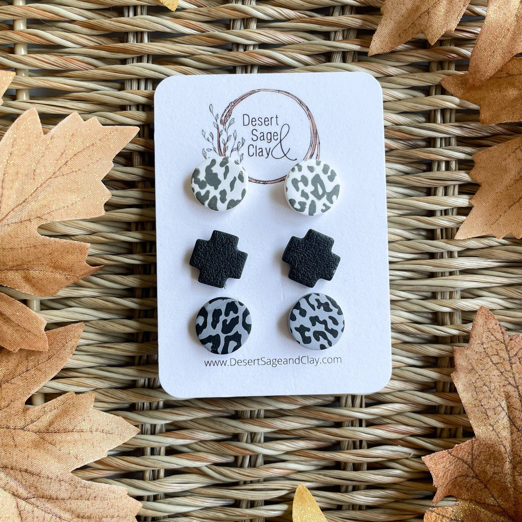 Boho Clay Earring B&W Animal Print Stud Packs